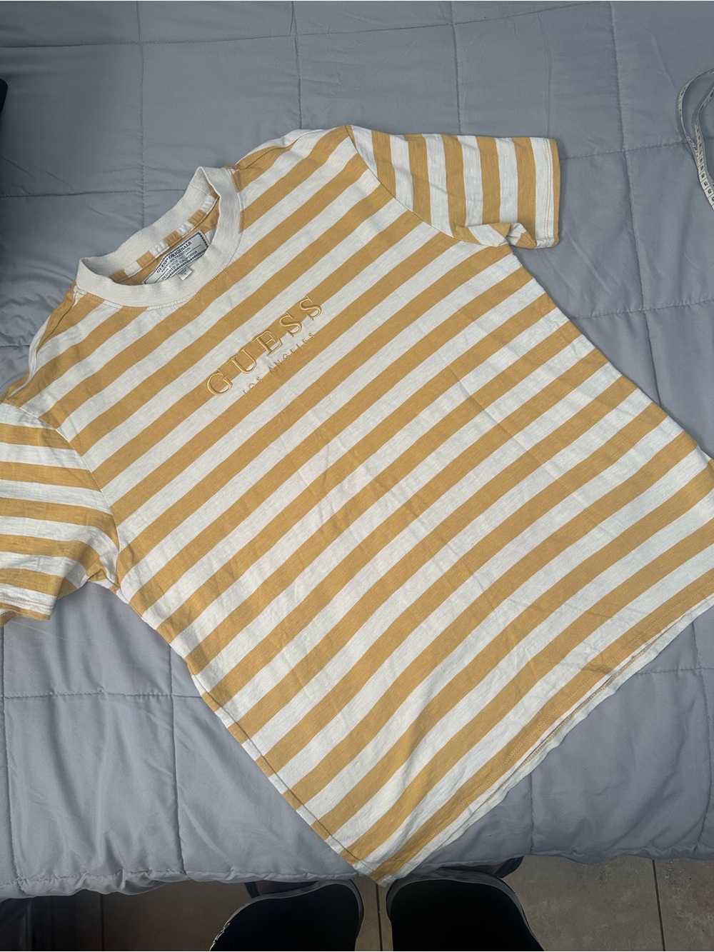 GUESS White and Yellow Striped Short Sleeve Tee